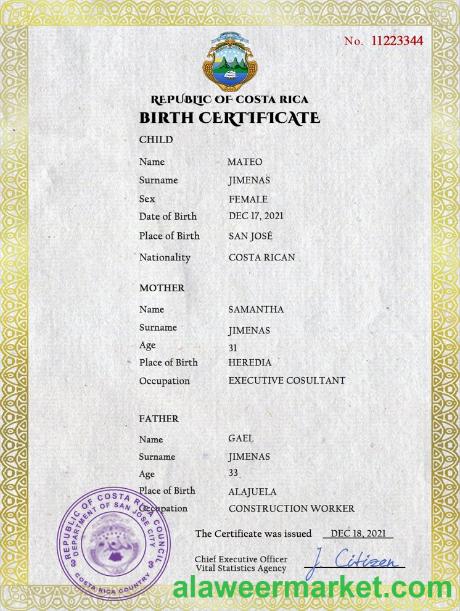 Costa Rica birth certificate PSD template